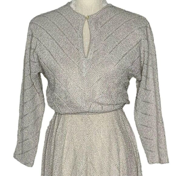 Vintage 70s Ronnie Heller Knit Dress 6 Ivory Elastic Waist Union Made Key Hole - Picture 2 of 7